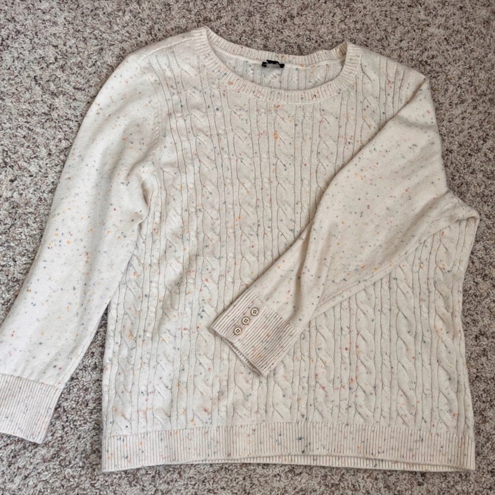 Talbots Light Cable Knit Sweater Cream Speckled 2XP Cozy Crewneck Enamel Buttons